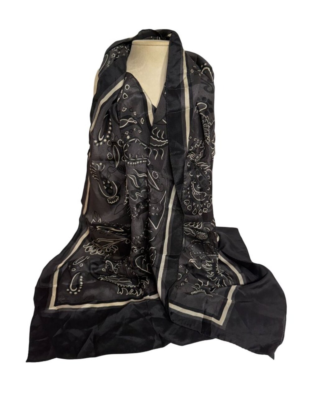 Vintage ANNE KLEIN Silk Scarf Hand Rolled Long Rectangular Black Beige Paisley